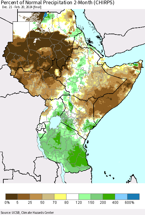 Eastern Africa Percent of Normal Precipitation 2-Month (CHIRPS) Thematic Map For 12/21/2023 - 2/20/2024