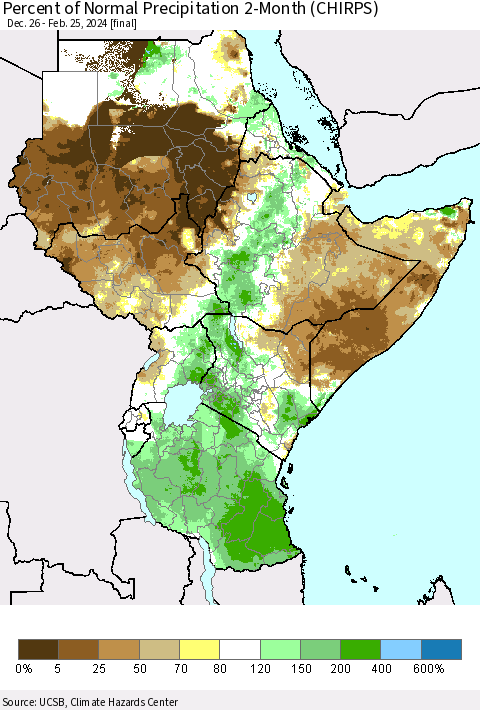 Eastern Africa Percent of Normal Precipitation 2-Month (CHIRPS) Thematic Map For 12/26/2023 - 2/25/2024