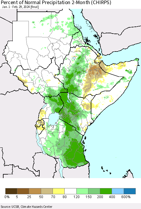 Eastern Africa Percent of Normal Precipitation 2-Month (CHIRPS) Thematic Map For 1/1/2024 - 2/29/2024