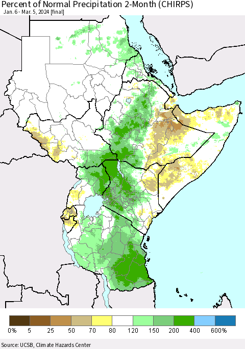 Eastern Africa Percent of Normal Precipitation 2-Month (CHIRPS) Thematic Map For 1/6/2024 - 3/5/2024