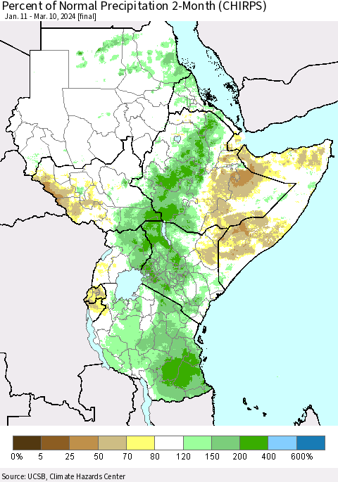 Eastern Africa Percent of Normal Precipitation 2-Month (CHIRPS) Thematic Map For 1/11/2024 - 3/10/2024
