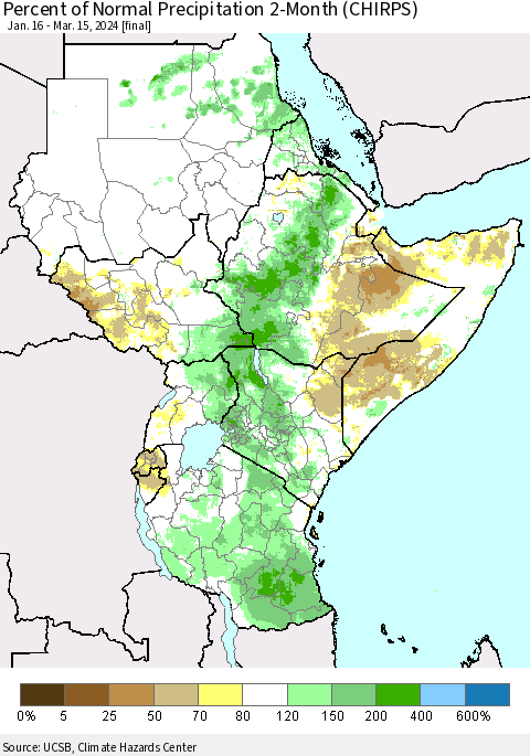 Eastern Africa Percent of Normal Precipitation 2-Month (CHIRPS) Thematic Map For 1/16/2024 - 3/15/2024