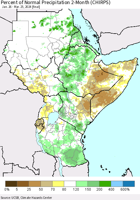 Eastern Africa Percent of Normal Precipitation 2-Month (CHIRPS) Thematic Map For 1/26/2024 - 3/25/2024