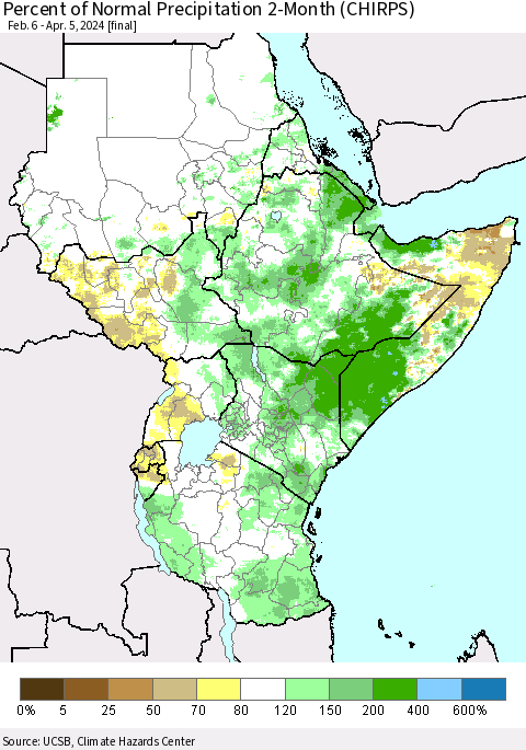 Eastern Africa Percent of Normal Precipitation 2-Month (CHIRPS) Thematic Map For 2/6/2024 - 4/5/2024