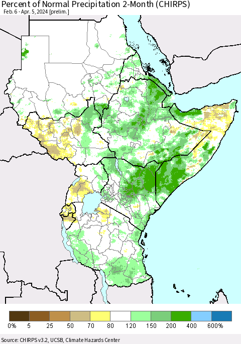 Eastern Africa Percent of Normal Precipitation 2-Month (CHIRPS) Thematic Map For 2/6/2024 - 4/5/2024