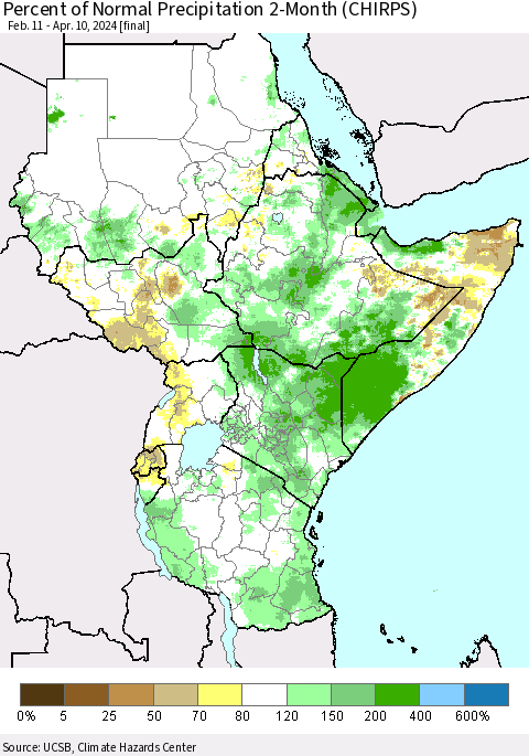 Eastern Africa Percent of Normal Precipitation 2-Month (CHIRPS) Thematic Map For 2/11/2024 - 4/10/2024