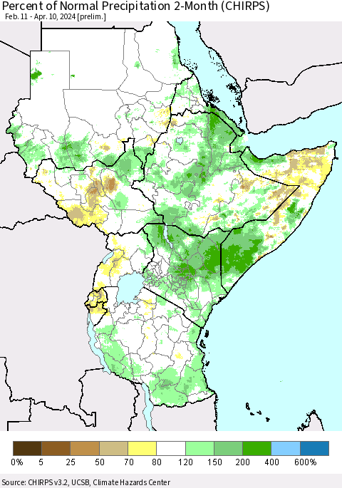Eastern Africa Percent of Normal Precipitation 2-Month (CHIRPS) Thematic Map For 2/11/2024 - 4/10/2024