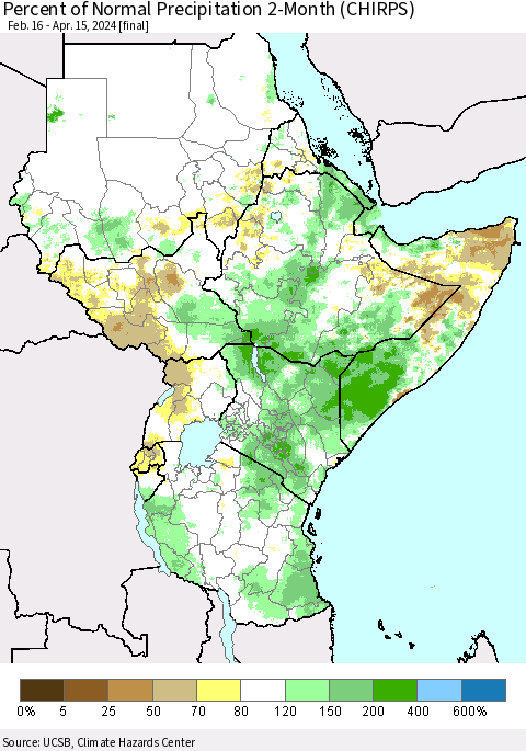 Eastern Africa Percent of Normal Precipitation 2-Month (CHIRPS) Thematic Map For 2/16/2024 - 4/15/2024