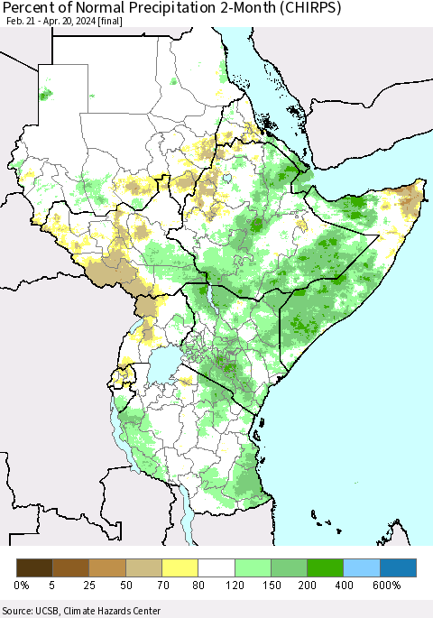 Eastern Africa Percent of Normal Precipitation 2-Month (CHIRPS) Thematic Map For 2/21/2024 - 4/20/2024