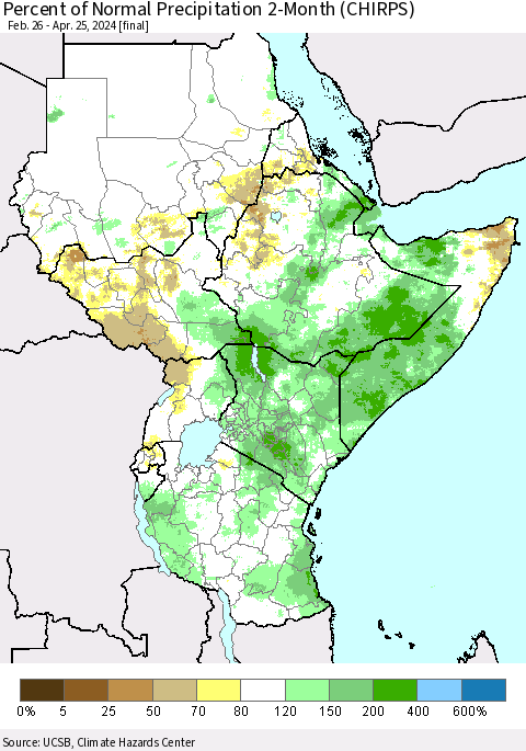 Eastern Africa Percent of Normal Precipitation 2-Month (CHIRPS) Thematic Map For 2/26/2024 - 4/25/2024