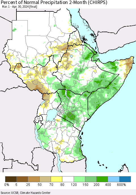 Eastern Africa Percent of Normal Precipitation 2-Month (CHIRPS) Thematic Map For 3/1/2024 - 4/30/2024
