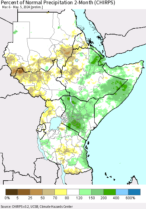 Eastern Africa Percent of Normal Precipitation 2-Month (CHIRPS) Thematic Map For 3/6/2024 - 5/5/2024