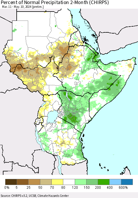 Eastern Africa Percent of Normal Precipitation 2-Month (CHIRPS) Thematic Map For 3/11/2024 - 5/10/2024