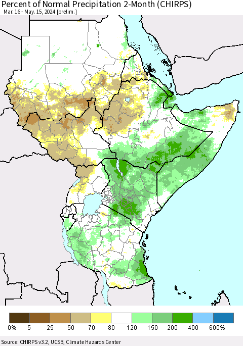 Eastern Africa Percent of Normal Precipitation 2-Month (CHIRPS) Thematic Map For 3/16/2024 - 5/15/2024