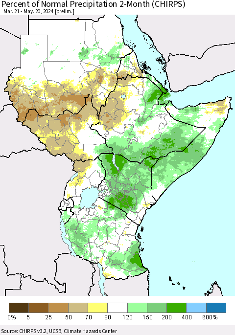 Eastern Africa Percent of Normal Precipitation 2-Month (CHIRPS) Thematic Map For 3/21/2024 - 5/20/2024