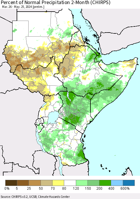 Eastern Africa Percent of Normal Precipitation 2-Month (CHIRPS) Thematic Map For 3/26/2024 - 5/25/2024