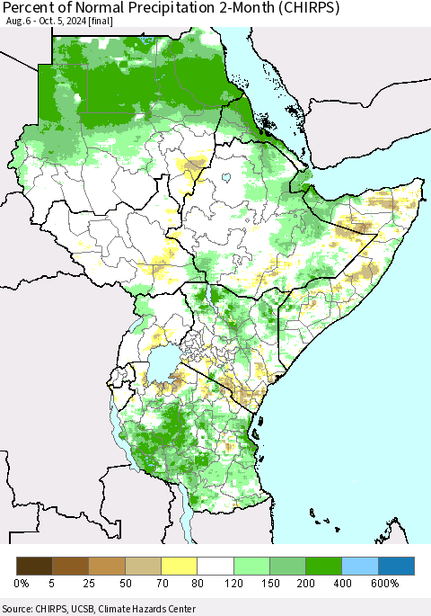 Eastern Africa Percent of Normal Precipitation 2-Month (CHIRPS) Thematic Map For 8/6/2024 - 10/5/2024