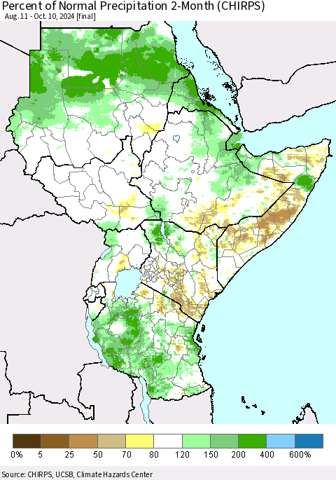 Eastern Africa Percent of Normal Precipitation 2-Month (CHIRPS) Thematic Map For 8/11/2024 - 10/10/2024