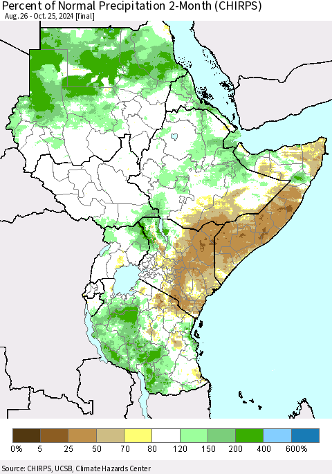 Eastern Africa Percent of Normal Precipitation 2-Month (CHIRPS) Thematic Map For 8/26/2024 - 10/25/2024