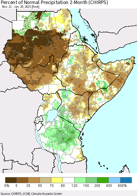 Eastern Africa Percent of Normal Precipitation 2-Month (CHIRPS) Thematic Map For 11/21/2024 - 1/20/2025