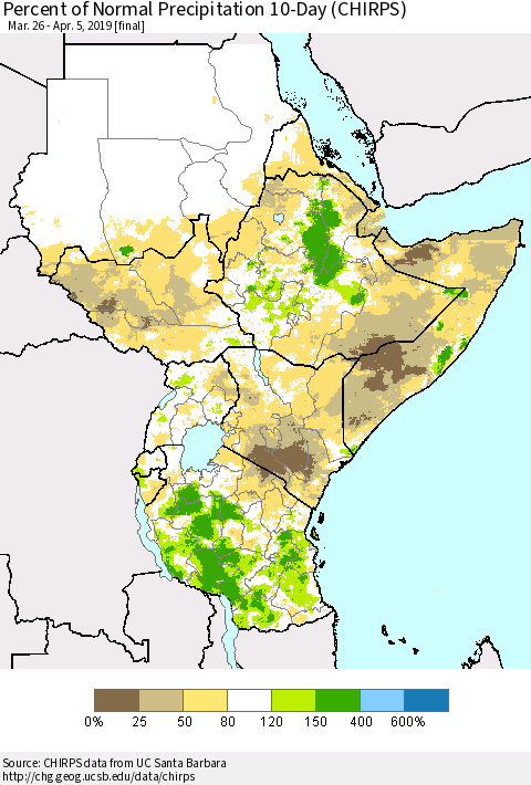 Eastern Africa Percent of Normal Precipitation 10-Day (CHIRPS) Thematic Map For 3/26/2019 - 4/5/2019