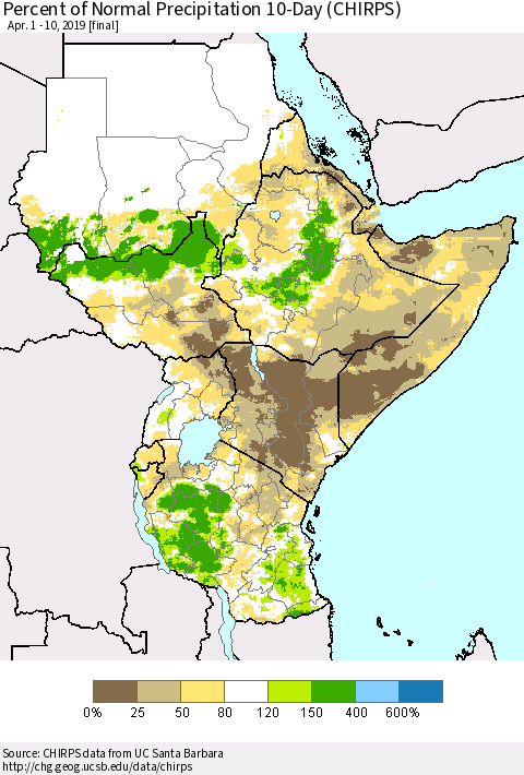 Eastern Africa Percent of Normal Precipitation 10-Day (CHIRPS) Thematic Map For 4/1/2019 - 4/10/2019
