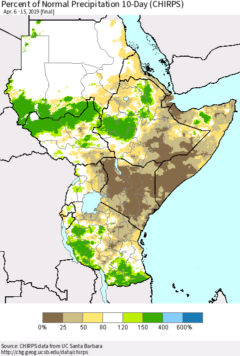Eastern Africa Percent of Normal Precipitation 10-Day (CHIRPS) Thematic Map For 4/6/2019 - 4/15/2019