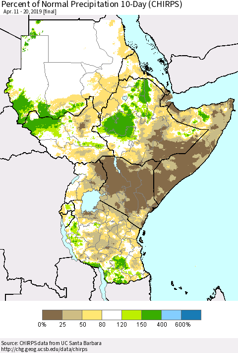 Eastern Africa Percent of Normal Precipitation 10-Day (CHIRPS) Thematic Map For 4/11/2019 - 4/20/2019
