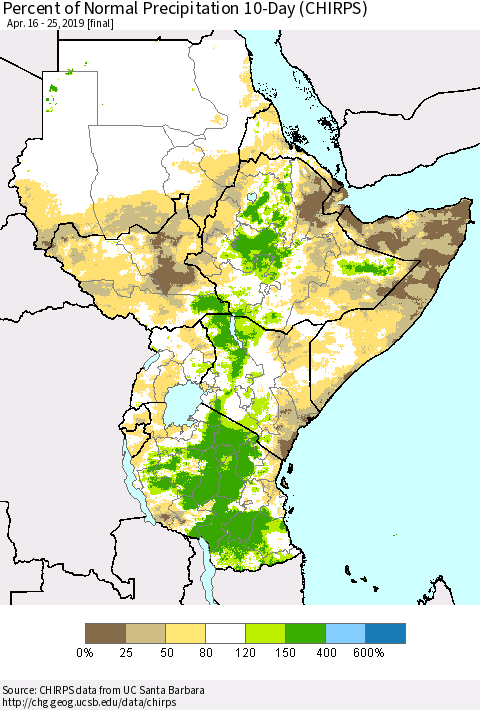 Eastern Africa Percent of Normal Precipitation 10-Day (CHIRPS) Thematic Map For 4/16/2019 - 4/25/2019