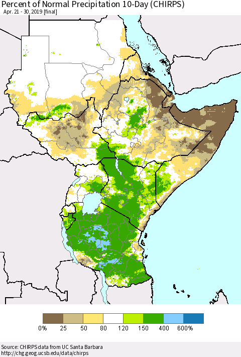 Eastern Africa Percent of Normal Precipitation 10-Day (CHIRPS) Thematic Map For 4/21/2019 - 4/30/2019