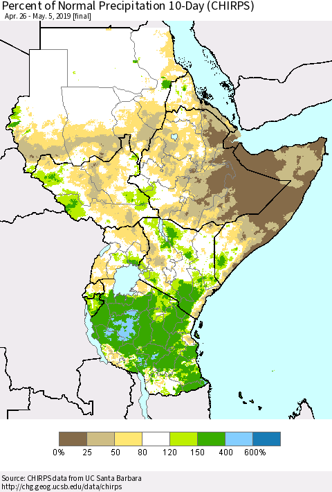 Eastern Africa Percent of Normal Precipitation 10-Day (CHIRPS) Thematic Map For 4/26/2019 - 5/5/2019