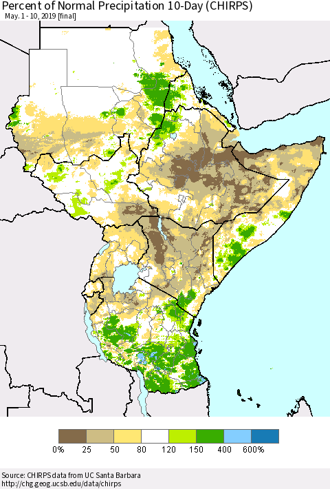 Eastern Africa Percent of Normal Precipitation 10-Day (CHIRPS) Thematic Map For 5/1/2019 - 5/10/2019