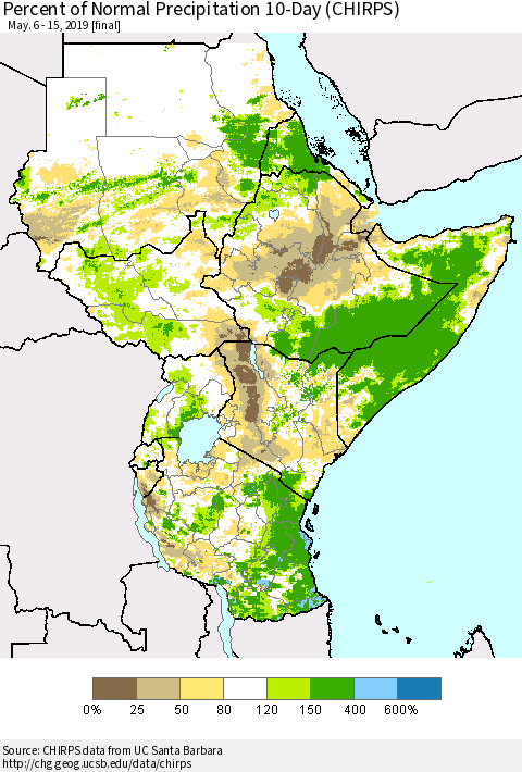 Eastern Africa Percent of Normal Precipitation 10-Day (CHIRPS) Thematic Map For 5/6/2019 - 5/15/2019