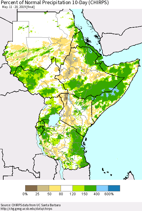 Eastern Africa Percent of Normal Precipitation 10-Day (CHIRPS) Thematic Map For 5/11/2019 - 5/20/2019