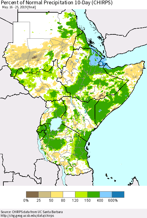 Eastern Africa Percent of Normal Precipitation 10-Day (CHIRPS) Thematic Map For 5/16/2019 - 5/25/2019