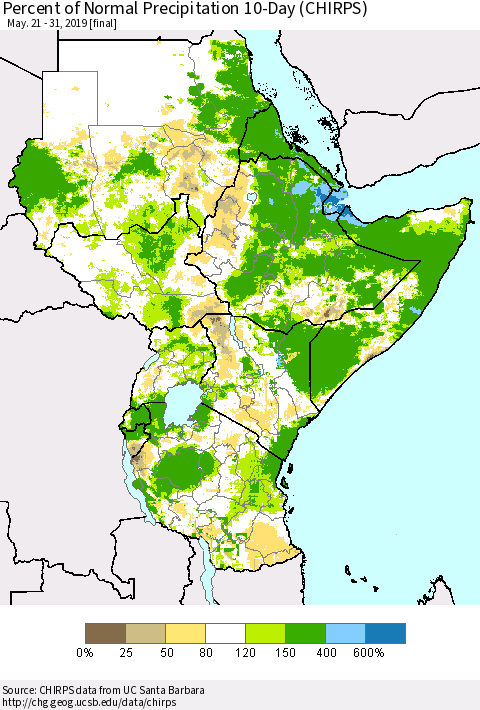 Eastern Africa Percent of Normal Precipitation 10-Day (CHIRPS) Thematic Map For 5/21/2019 - 5/31/2019