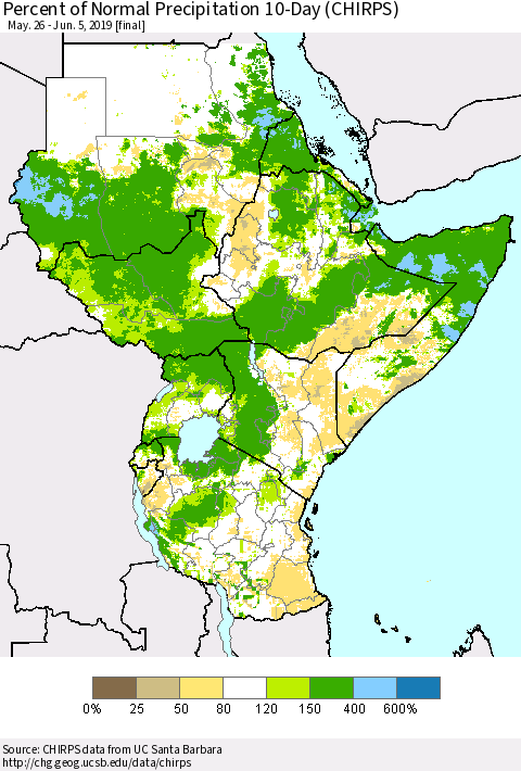 Eastern Africa Percent of Normal Precipitation 10-Day (CHIRPS) Thematic Map For 5/26/2019 - 6/5/2019