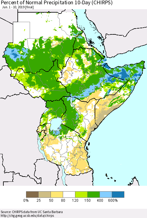 Eastern Africa Percent of Normal Precipitation 10-Day (CHIRPS) Thematic Map For 6/1/2019 - 6/10/2019