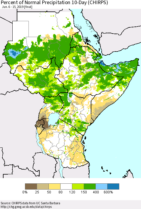 Eastern Africa Percent of Normal Precipitation 10-Day (CHIRPS) Thematic Map For 6/6/2019 - 6/15/2019