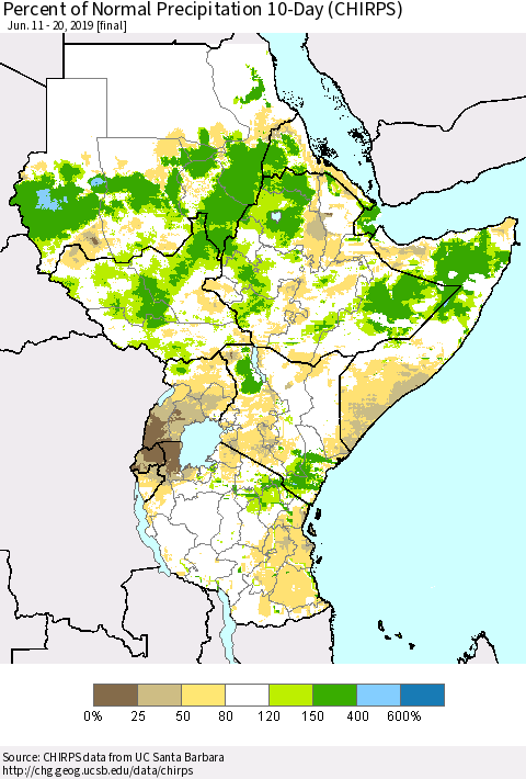 Eastern Africa Percent of Normal Precipitation 10-Day (CHIRPS) Thematic Map For 6/11/2019 - 6/20/2019