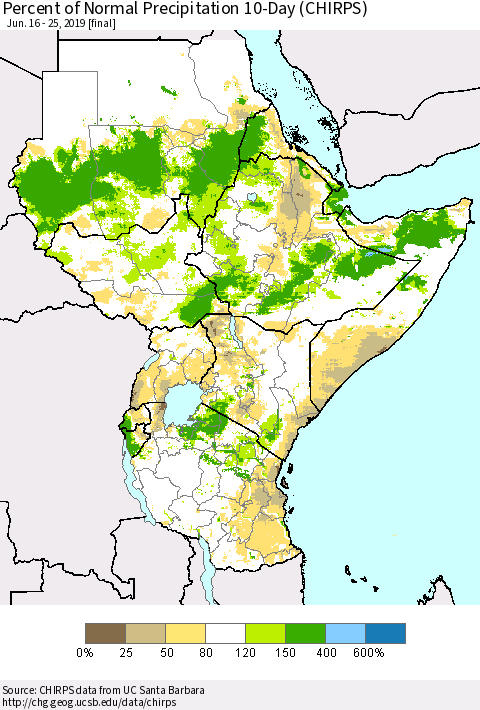 Eastern Africa Percent of Normal Precipitation 10-Day (CHIRPS) Thematic Map For 6/16/2019 - 6/25/2019