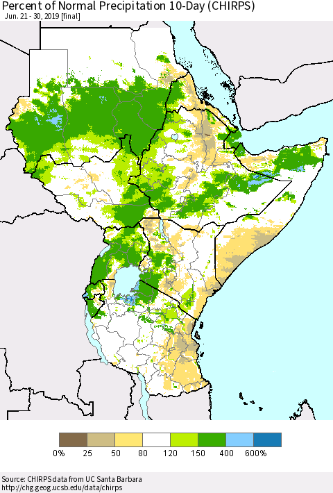 Eastern Africa Percent of Normal Precipitation 10-Day (CHIRPS) Thematic Map For 6/21/2019 - 6/30/2019