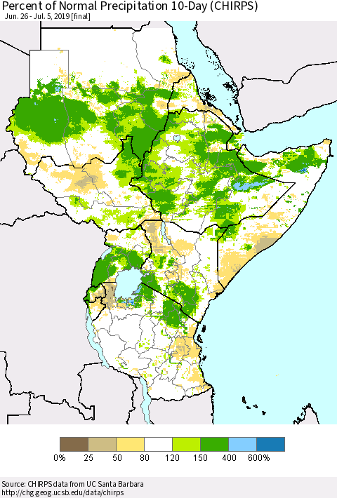 Eastern Africa Percent of Normal Precipitation 10-Day (CHIRPS) Thematic Map For 6/26/2019 - 7/5/2019