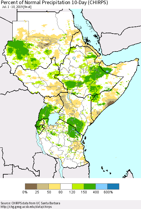 Eastern Africa Percent of Normal Precipitation 10-Day (CHIRPS) Thematic Map For 7/1/2019 - 7/10/2019
