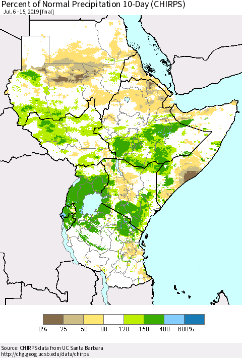 Eastern Africa Percent of Normal Precipitation 10-Day (CHIRPS) Thematic Map For 7/6/2019 - 7/15/2019