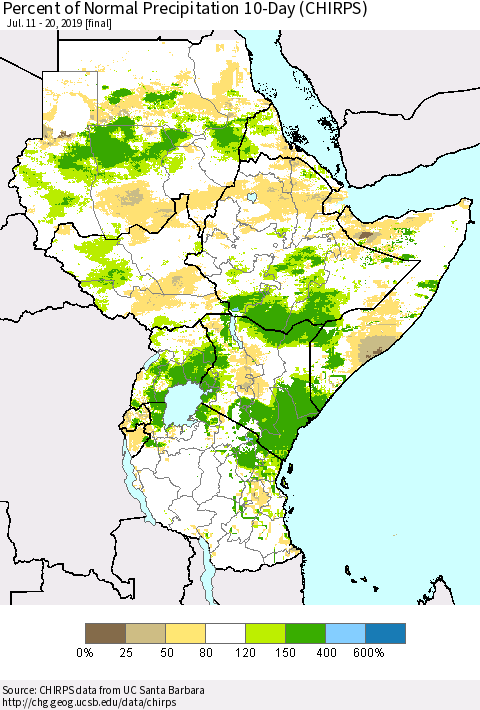 Eastern Africa Percent of Normal Precipitation 10-Day (CHIRPS) Thematic Map For 7/11/2019 - 7/20/2019