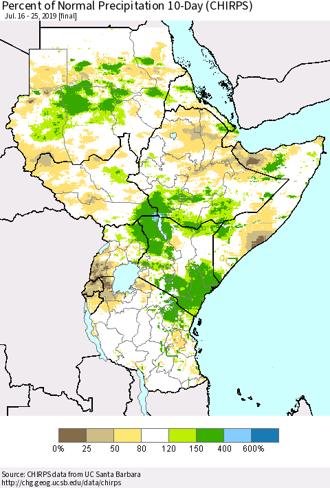 Eastern Africa Percent of Normal Precipitation 10-Day (CHIRPS) Thematic Map For 7/16/2019 - 7/25/2019