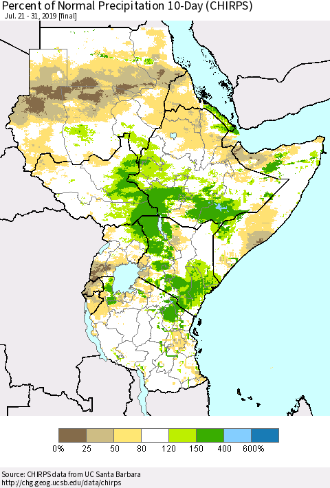 Eastern Africa Percent of Normal Precipitation 10-Day (CHIRPS) Thematic Map For 7/21/2019 - 7/31/2019