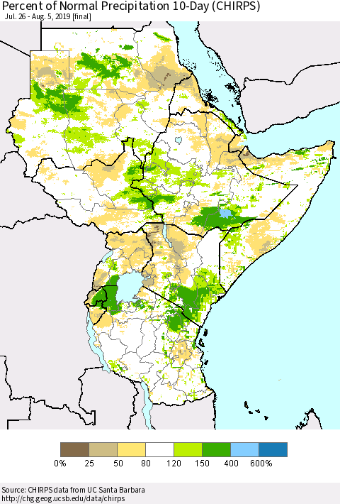Eastern Africa Percent of Normal Precipitation 10-Day (CHIRPS) Thematic Map For 7/26/2019 - 8/5/2019