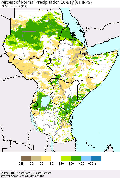 Eastern Africa Percent of Normal Precipitation 10-Day (CHIRPS) Thematic Map For 8/1/2019 - 8/10/2019
